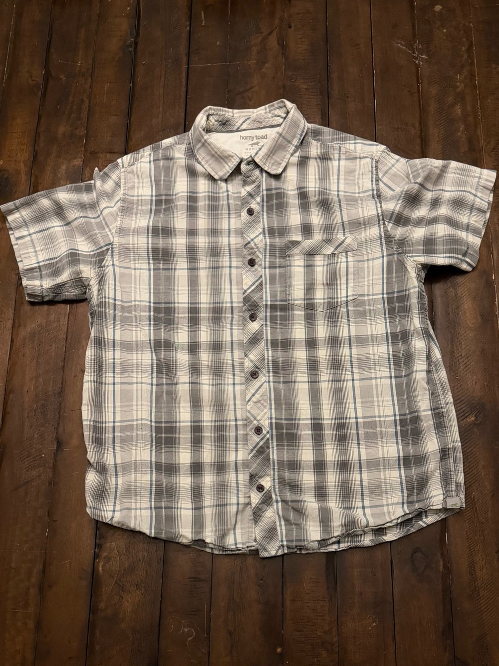 Horny Toad Men's Medium Short Sleeve Button Up Plaid Shirt Gray Blue